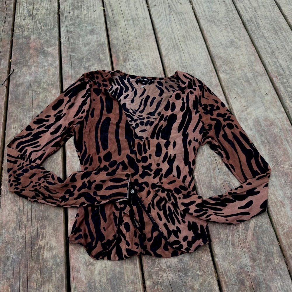 Good American Mesh Animal Print Bodysuit XS Brown Black Long Sleeve V-Neck Top